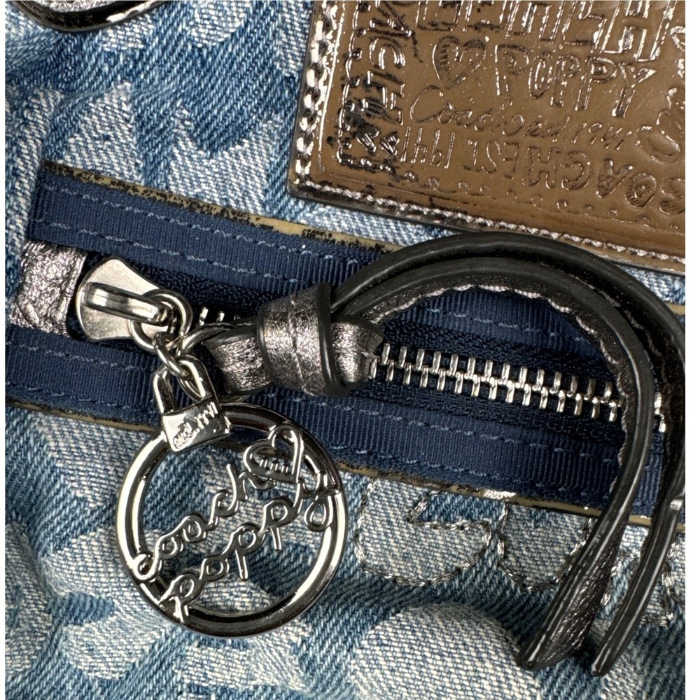 Vintage Coach Poppy Denim Logo Print Satchel Metallic Silver Trim Blue Bag Y2K - Picture 5 of 10